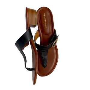 Tommy Hilfiger Women’s Size 10M Leather Block Heel Sandal Flip Flops Black